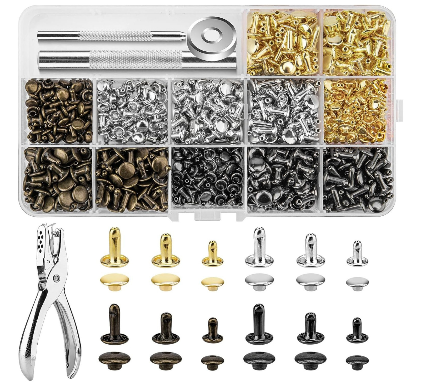 480 Sets Rivets for Leather, 4 Colors 3 Sizes Leather Rivets, Double Cap Rivets