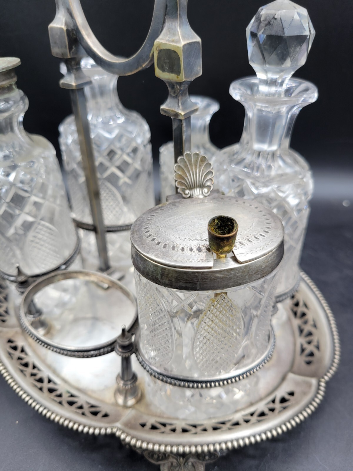 antique 1800's ornate cut crystal silver plate cruet condiment set caddy