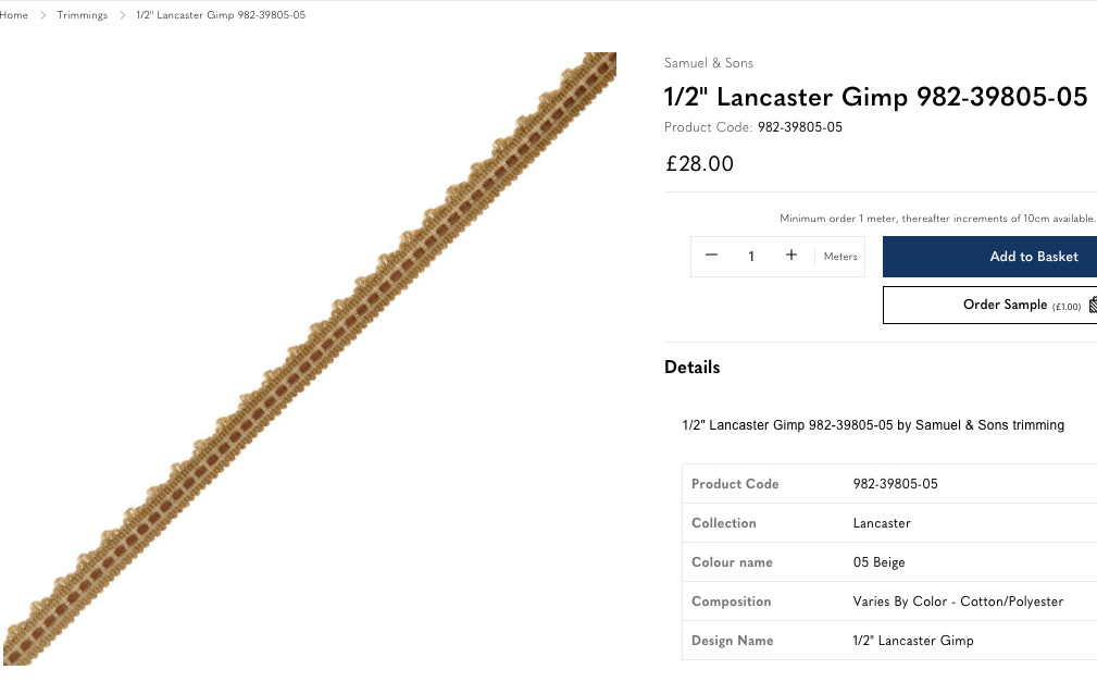 6.53 yds (4pcs=235") Samuel & Sons LANCASTER GIMP Beige 1/2"wide Trim