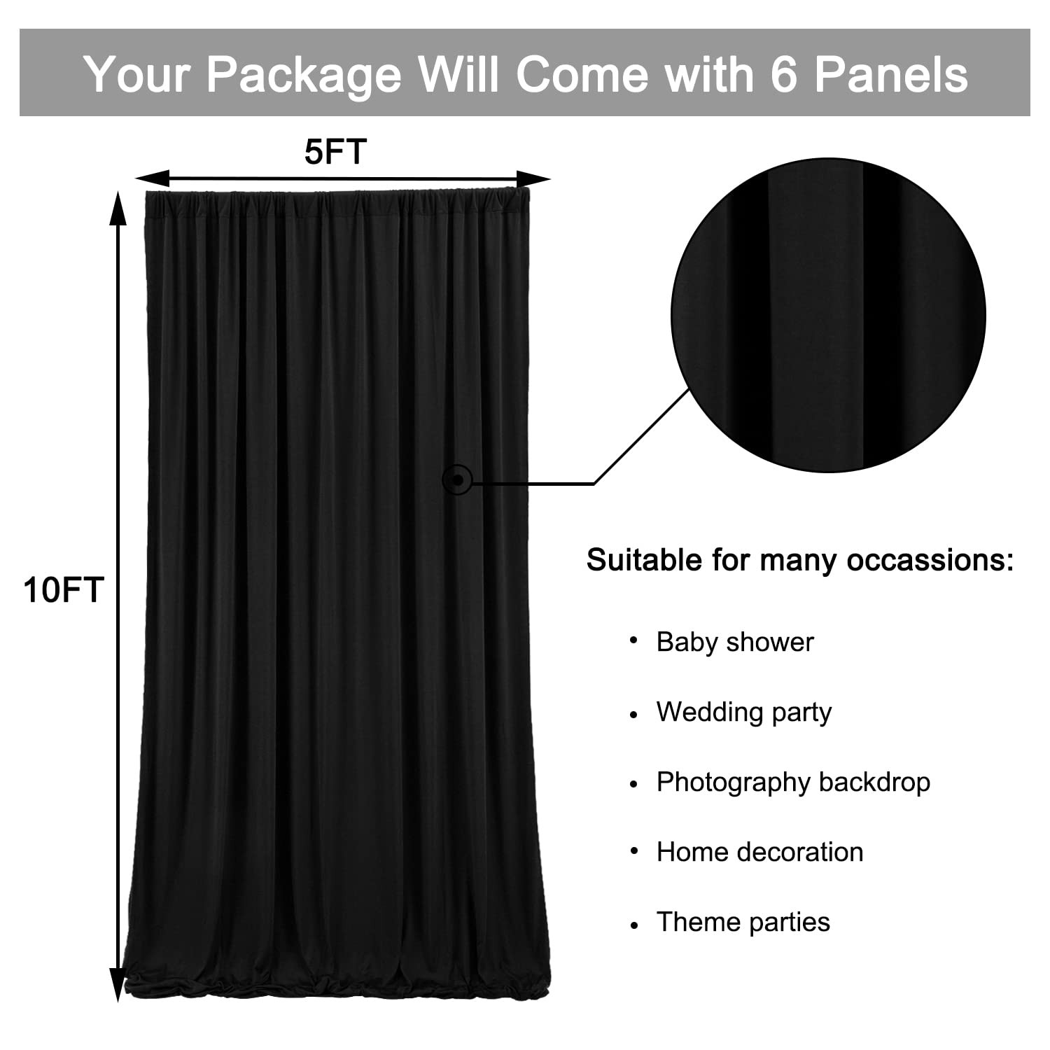 30ft x 10ft Black Backdrop Curtain - 6 Panels Polyester Drapes for Events