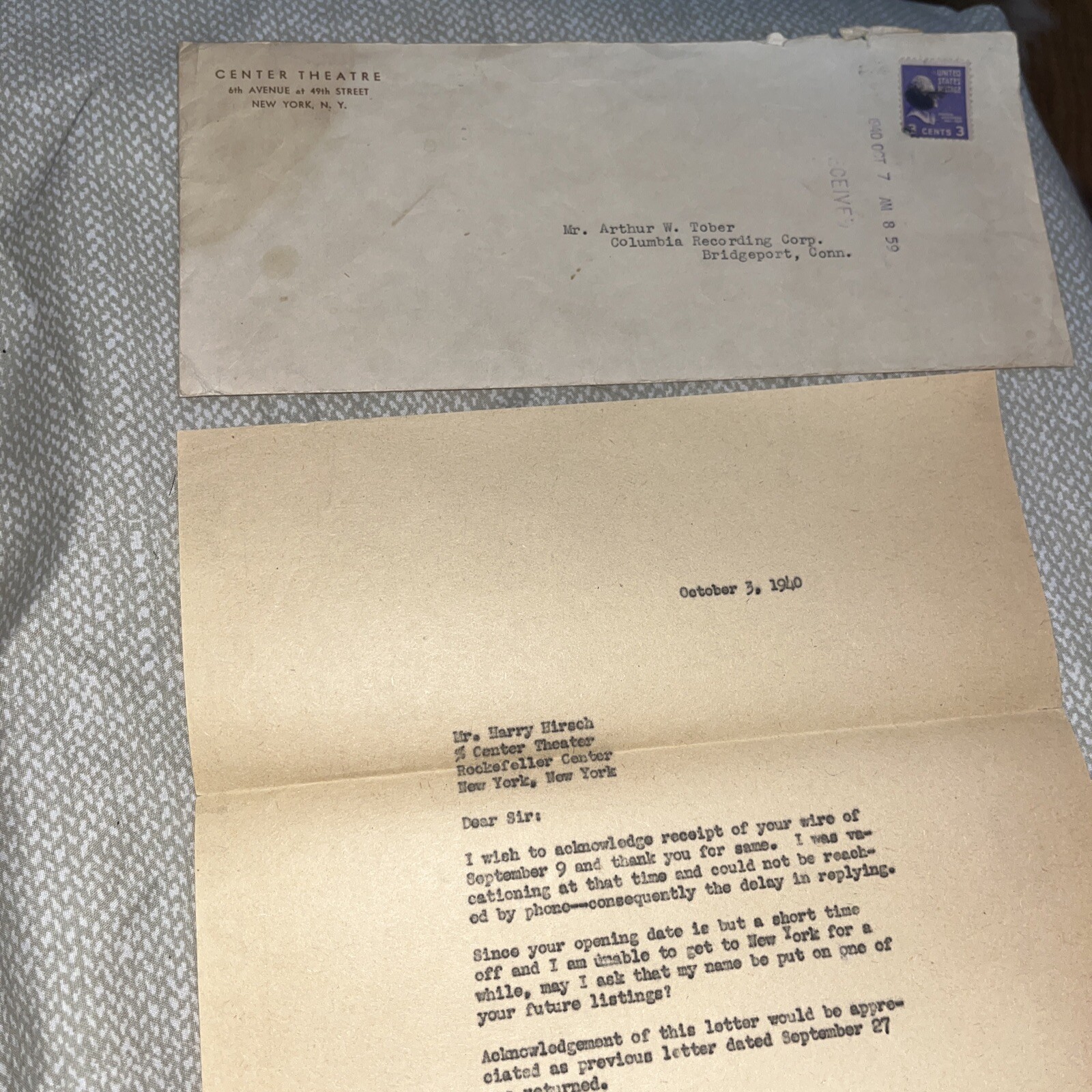 1940 Letterhead: Center Theatre Rockefeller Center Playhouse New York City NY