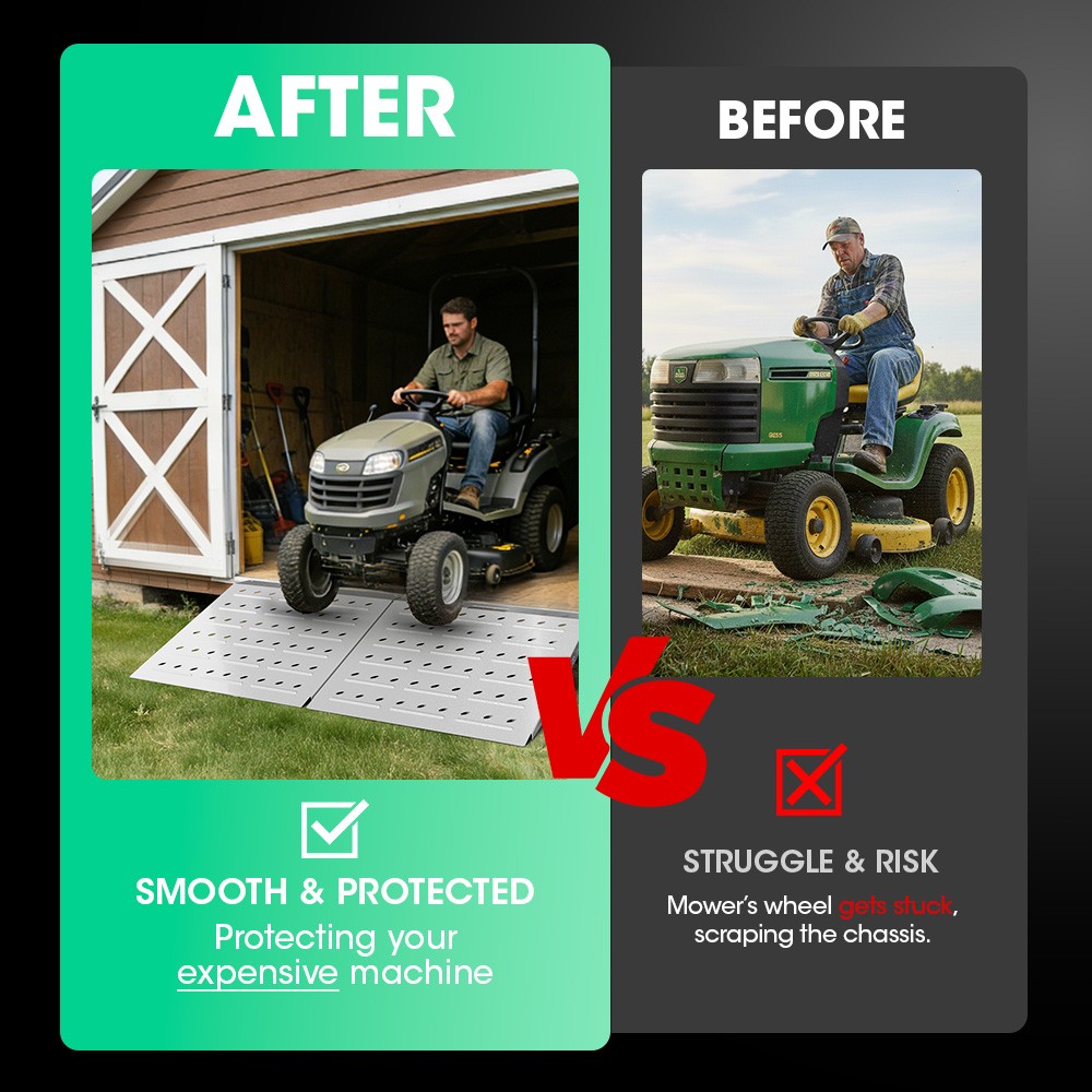 Shed Ramp for Riding Mower & Lawn 900/1600LB Capacity Anti-Slip Punch Plate Ramp
