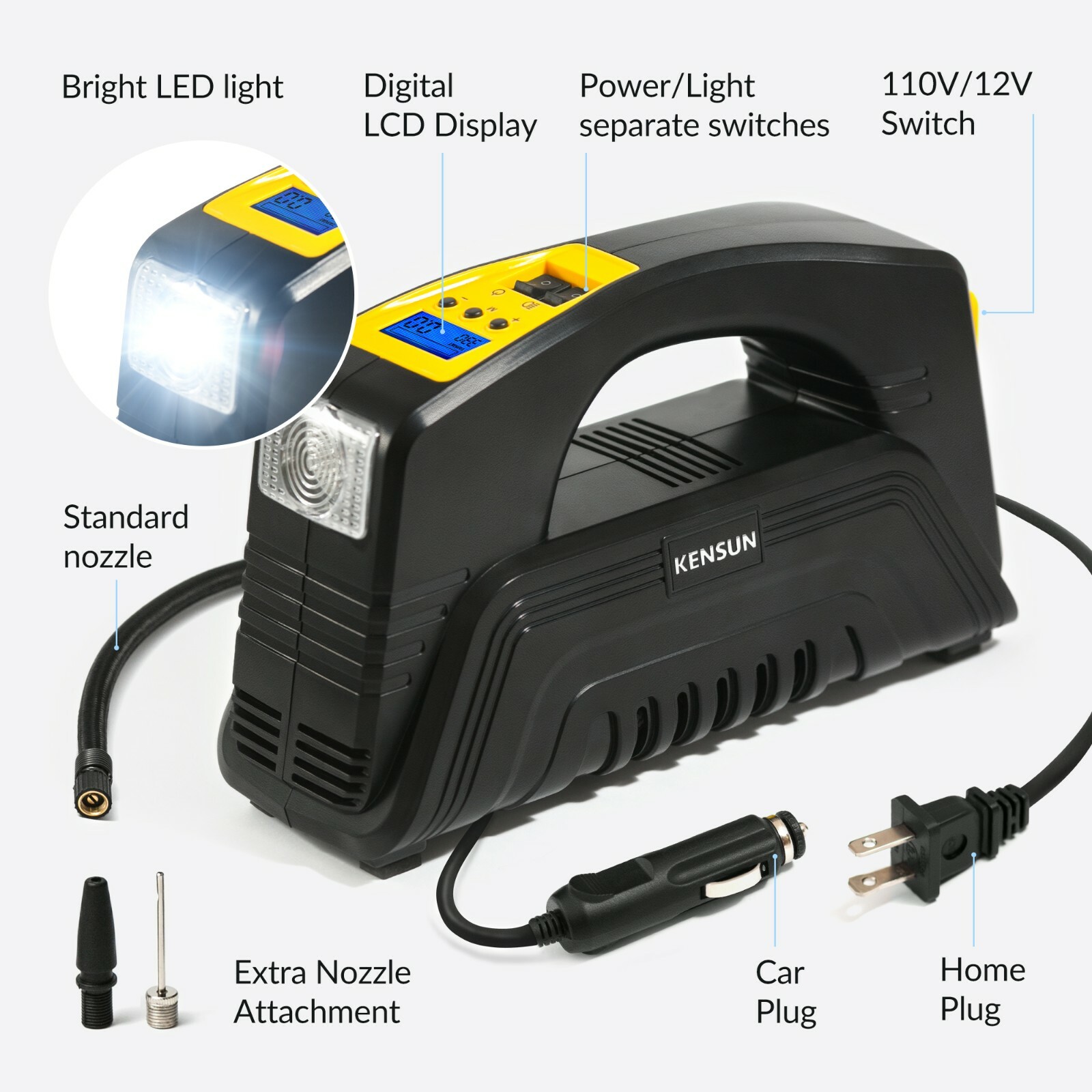 Air Compressor kensun Tire inflator portable digital Electric ac\dc