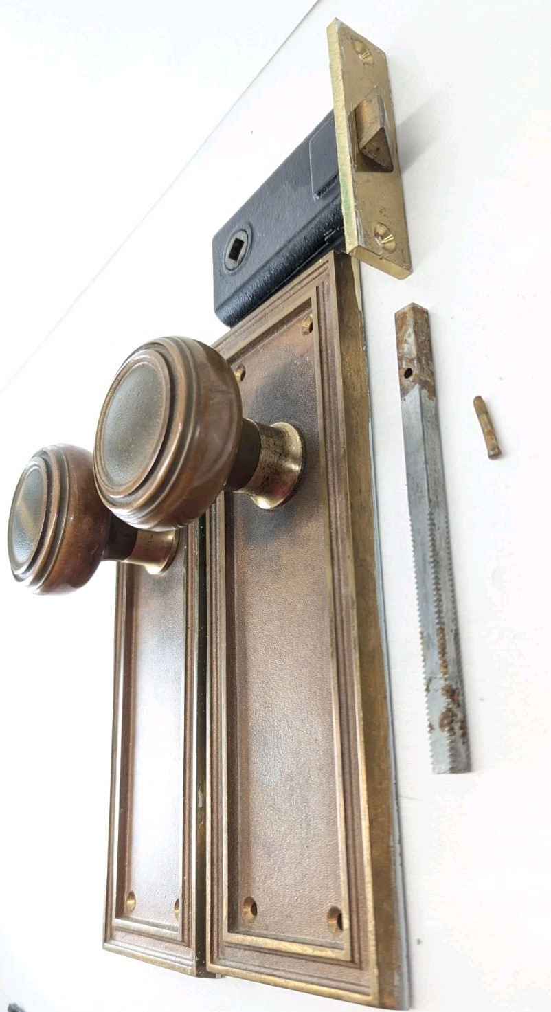 Heavy Brass 1920s Art Deco Corbin Set Door Knobs, Plates, Mortise MORE AVAILABLE
