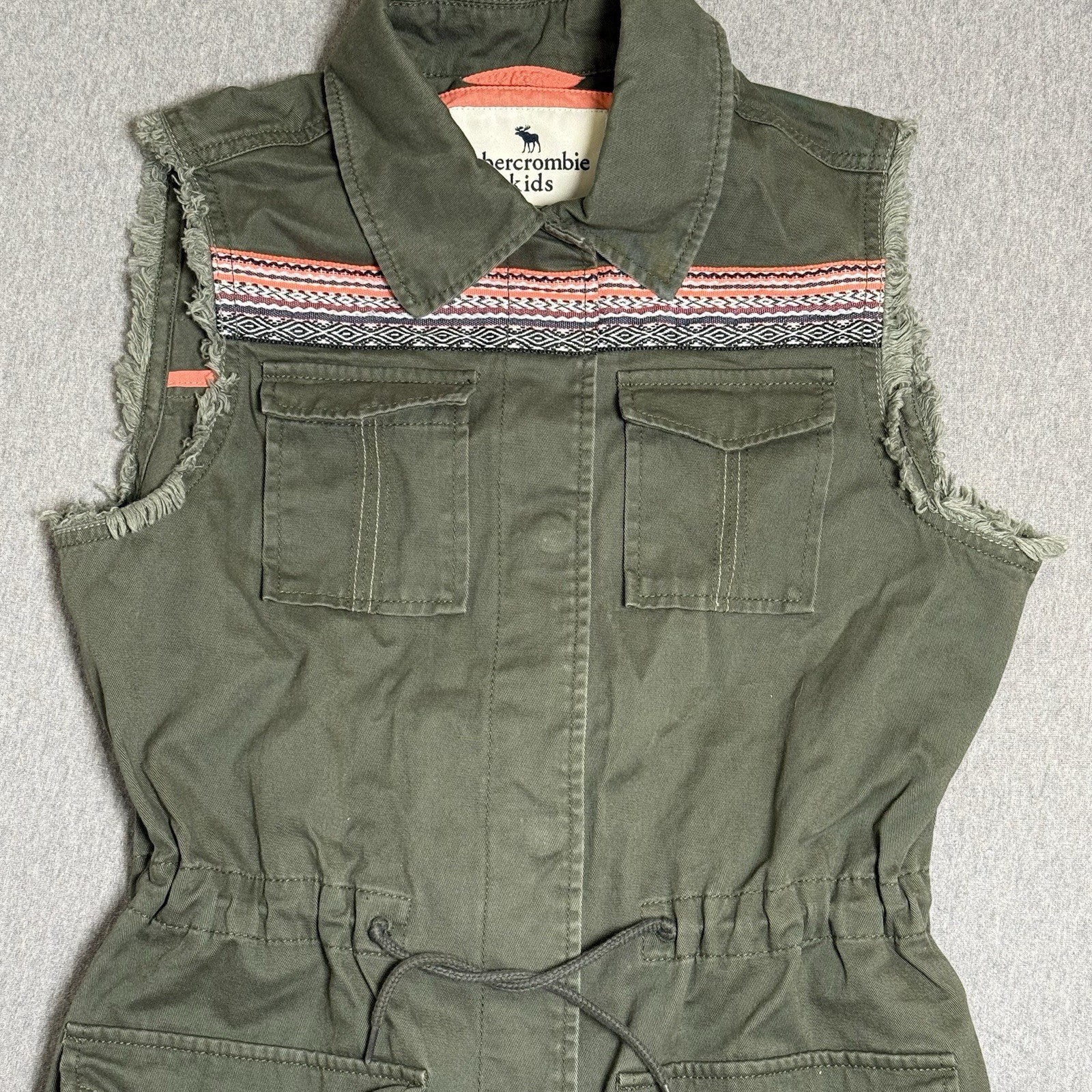 Abercrombie & Fitch Kids Denim Embroidered Snap Utility Vest Girls 13/14 Green