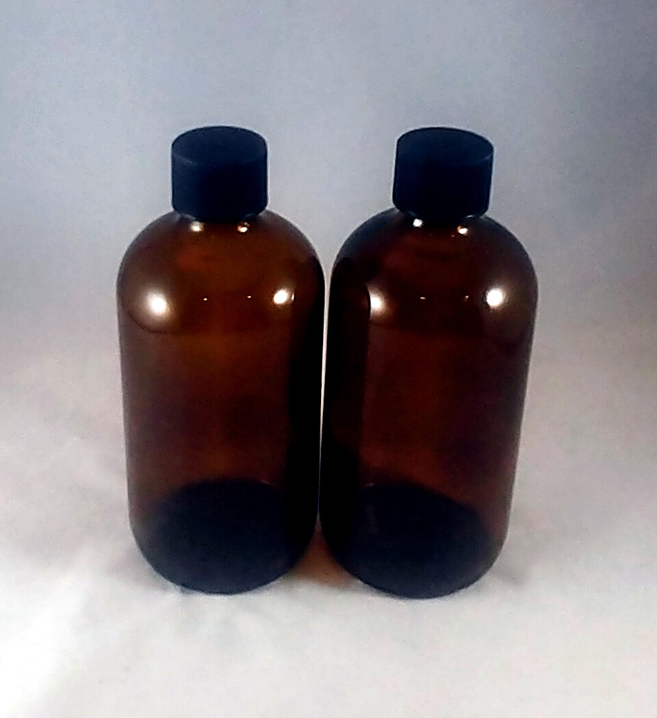 8 oz Amber Boston Round Glass Bottles with Caps and Pumps