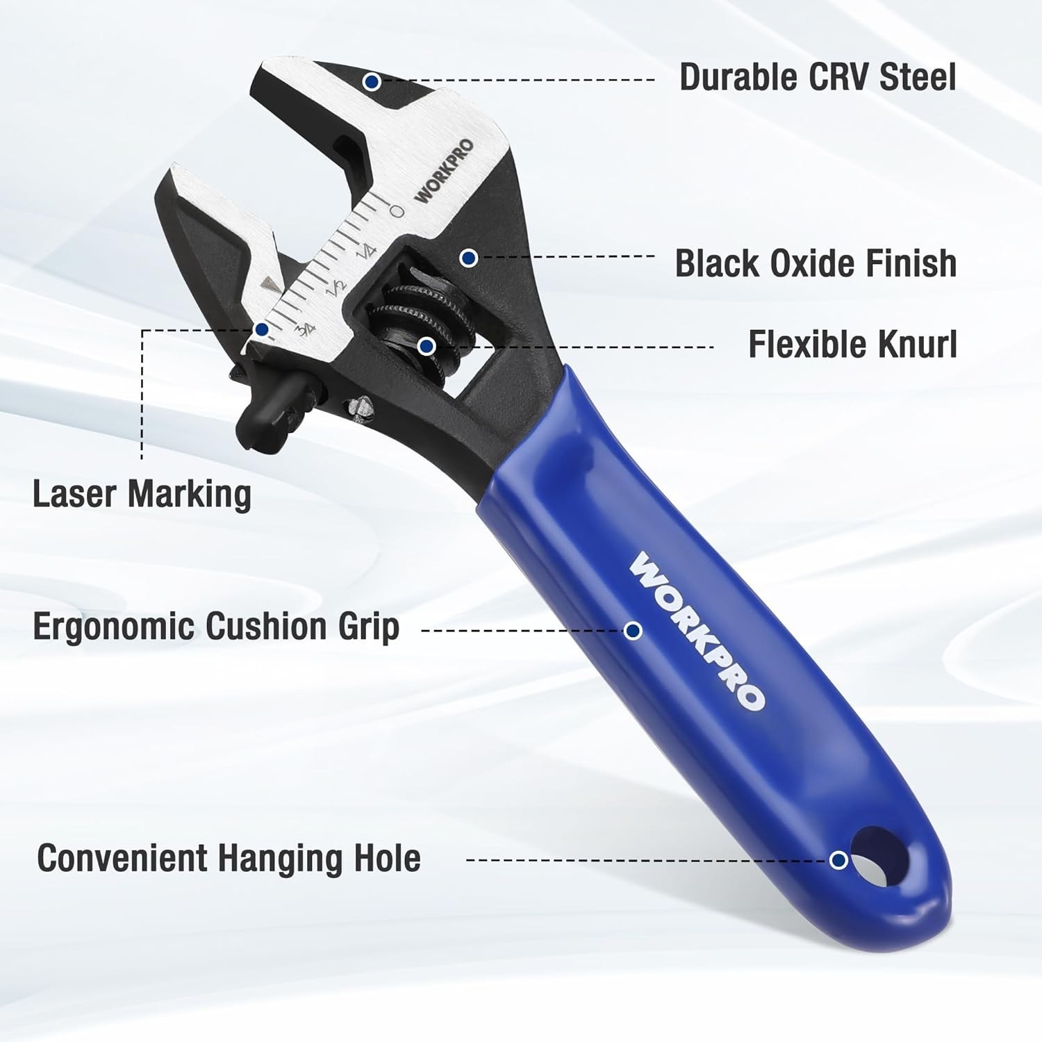 WORKPRO 4-Inch Mini Adjustable Wrench, Cr-V Steel Wide Jaw Black Oxide Wrench fo