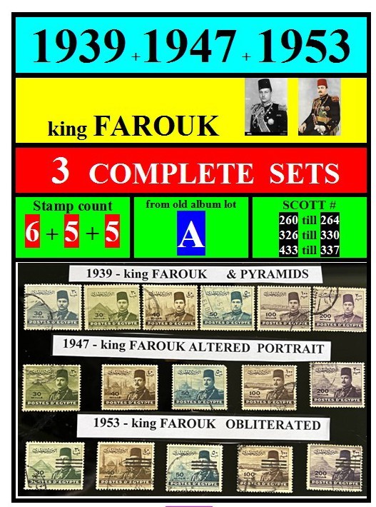 STAMPS-EGYPT -1939 1947-1953-FAROUK PORTRAITS-A-3 COMPLETE SETS-scott