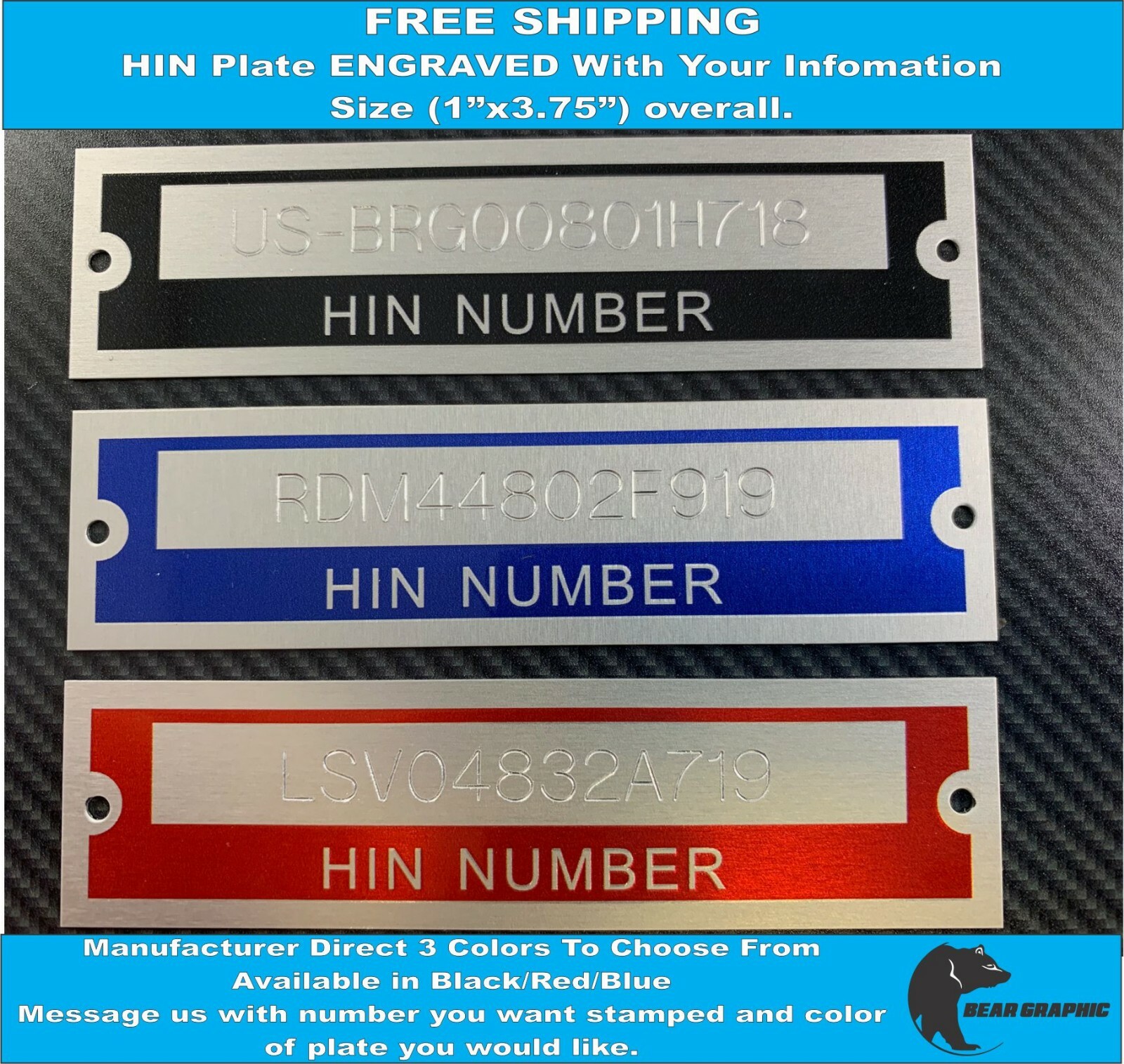 HIN Plate Tag Boat Serial Number ENGRAVED 3 Colors Available FREE SHIPPING