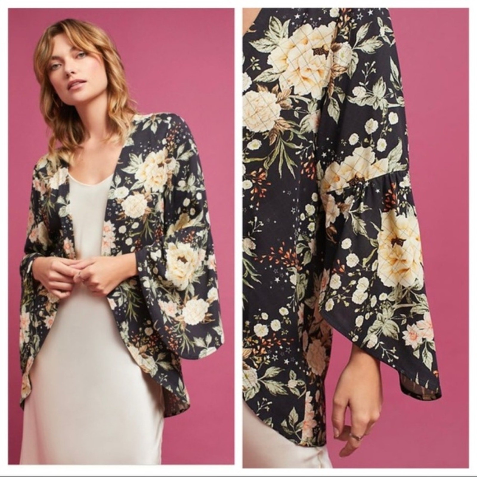 Farm Rio Kimono Grey Yellow Floral Stars Celestial Ethereal Wide Sleeves Boho OS