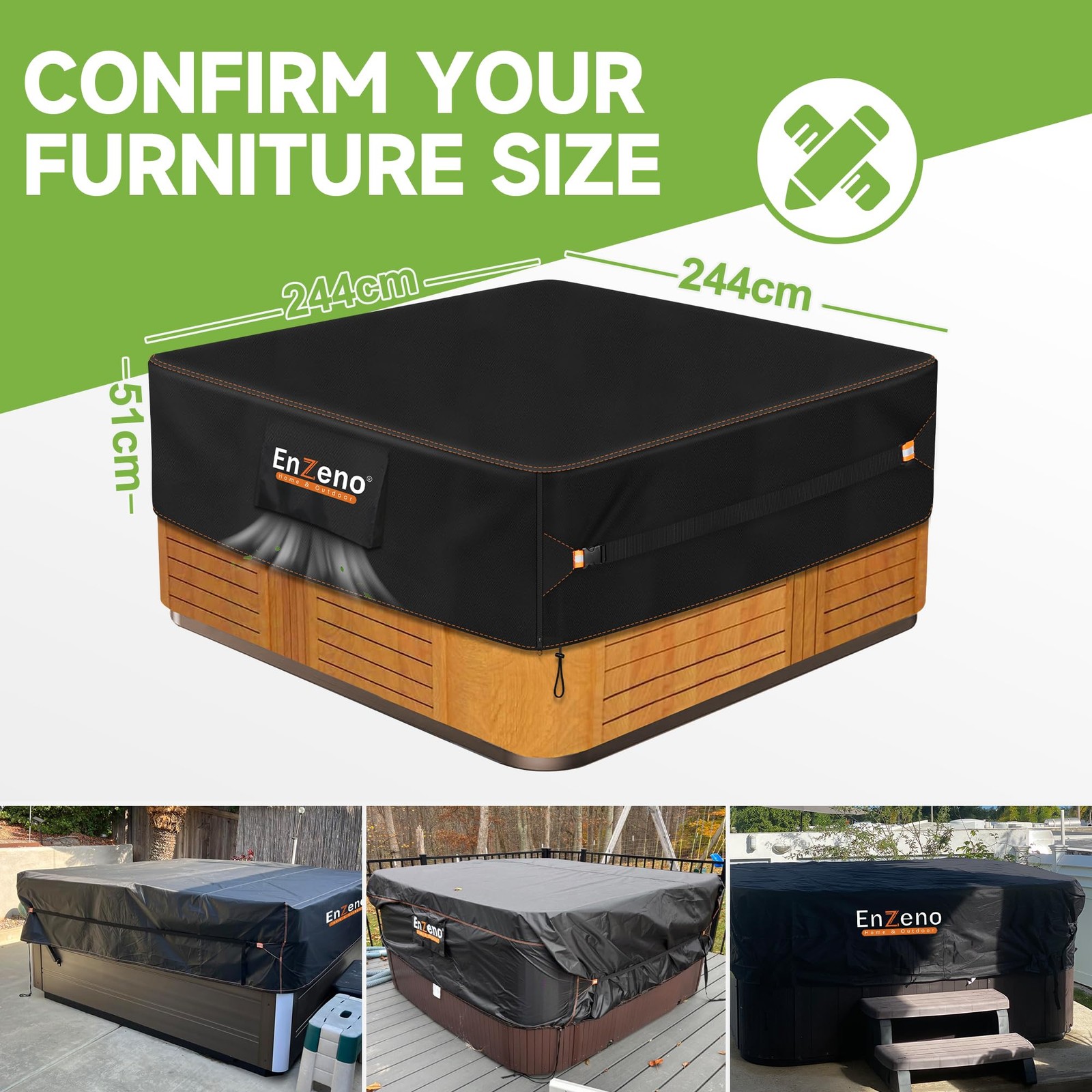 Enzeno Outdoor SPA Hot Tub Cover Waterproof Square 96 96x96inch, black