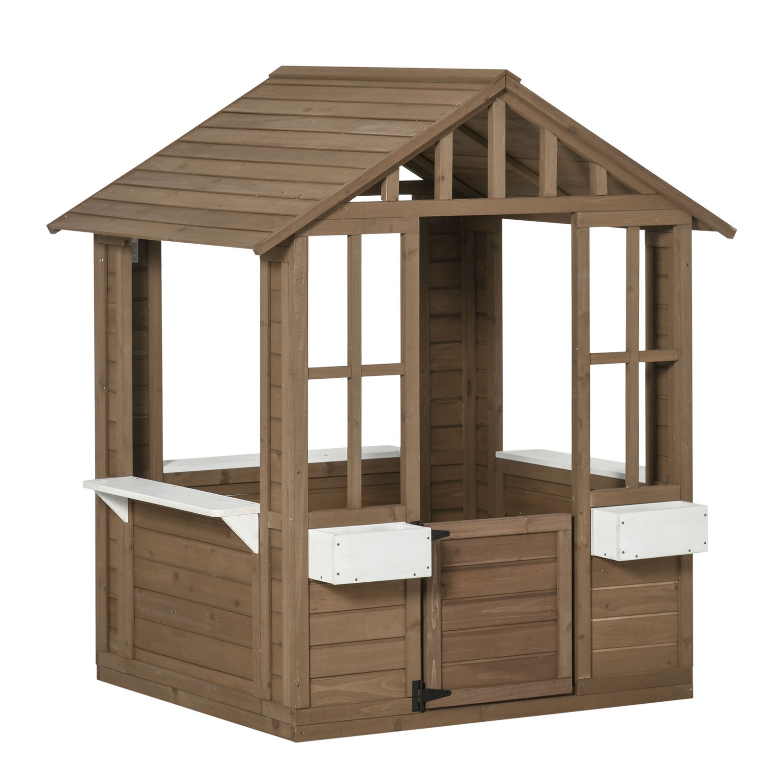 Wooden Kids Playhouse Outdoor with Door Window Flower Pot Holder Yard Garden Toy