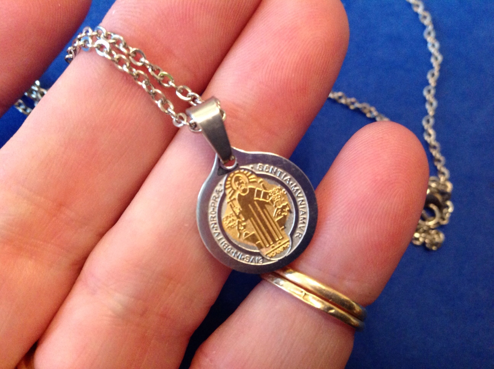 St BENEDICT Medal Protection NECKLACE Saint Medal Two Tone Stainless Steel 23”