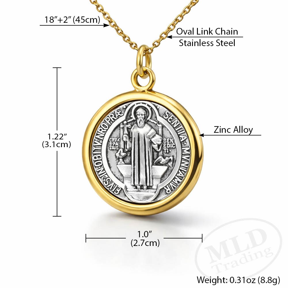 Saint St Benedict Medal Pendant Necklace – Gold Tone Border – 18”+2” Link Chain