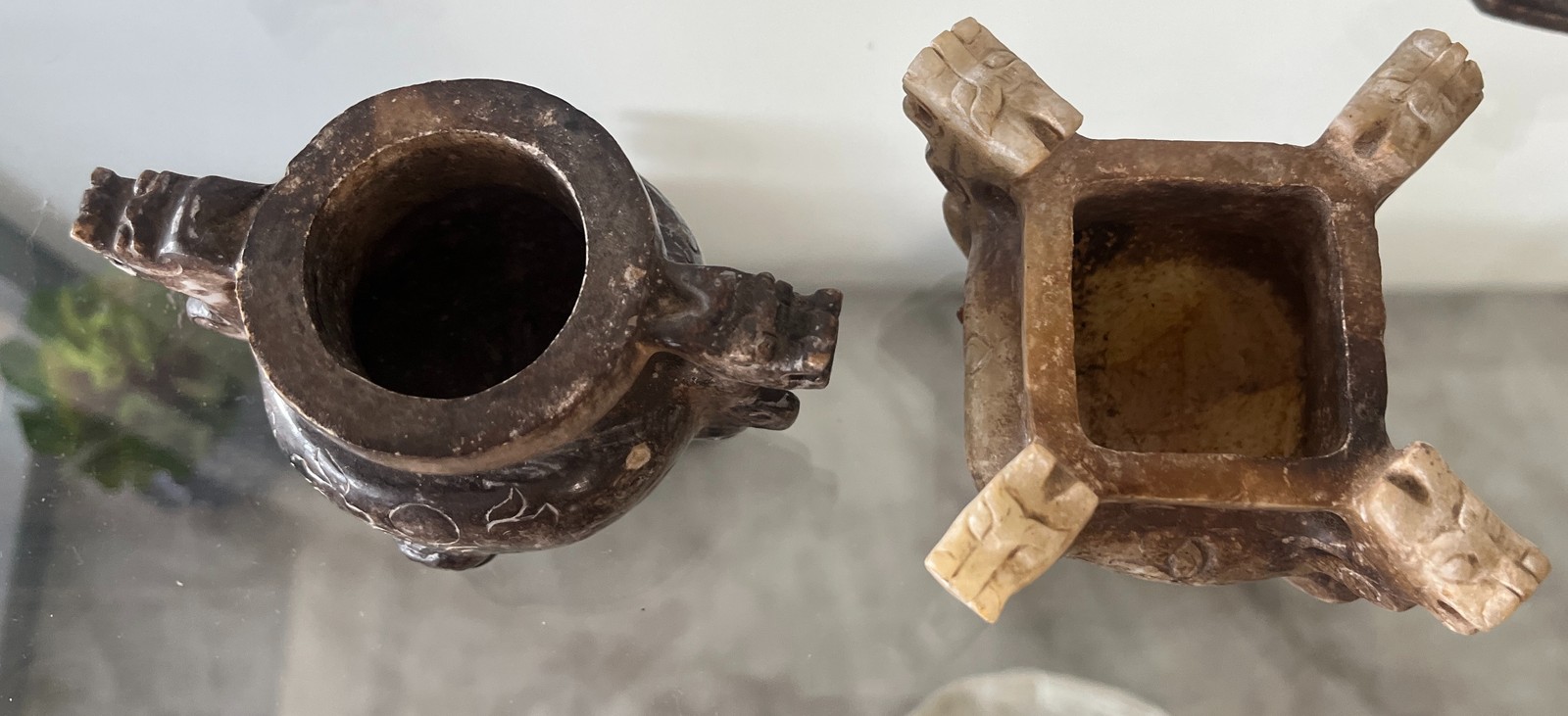 Pair Antique Chinese Carved Stone Jade Incense Burners Censer Dragons