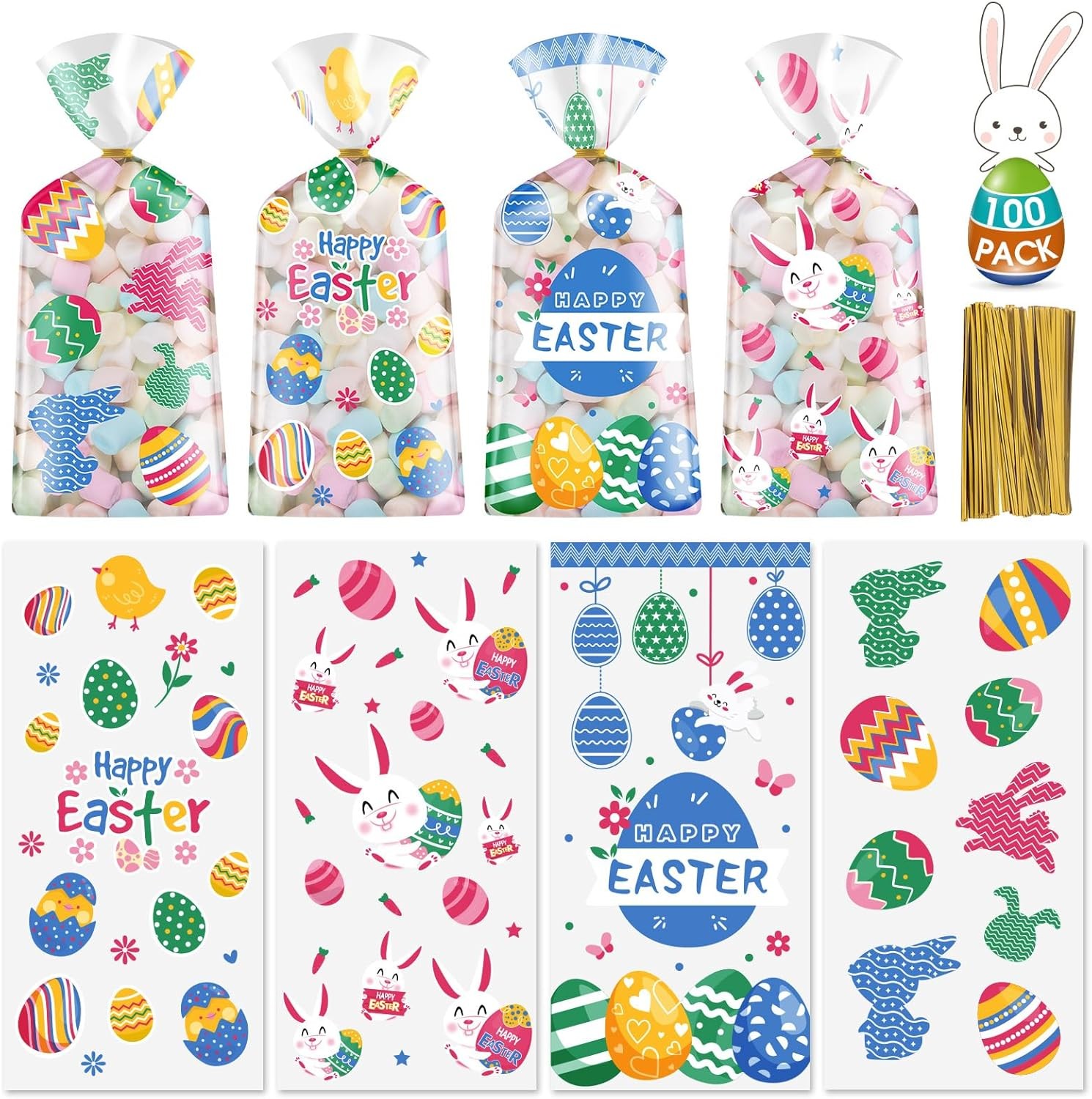100 Pcs Easter Treat Bags - Happy Easter Gift Bag, Easters Eggs Plastic Cellopha