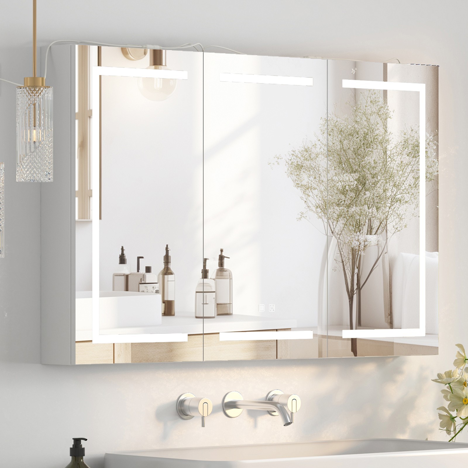 Large LED Lighted Medicine Cabinet 3 Doors Wall Mounted Bathroom Mirror Dimmable