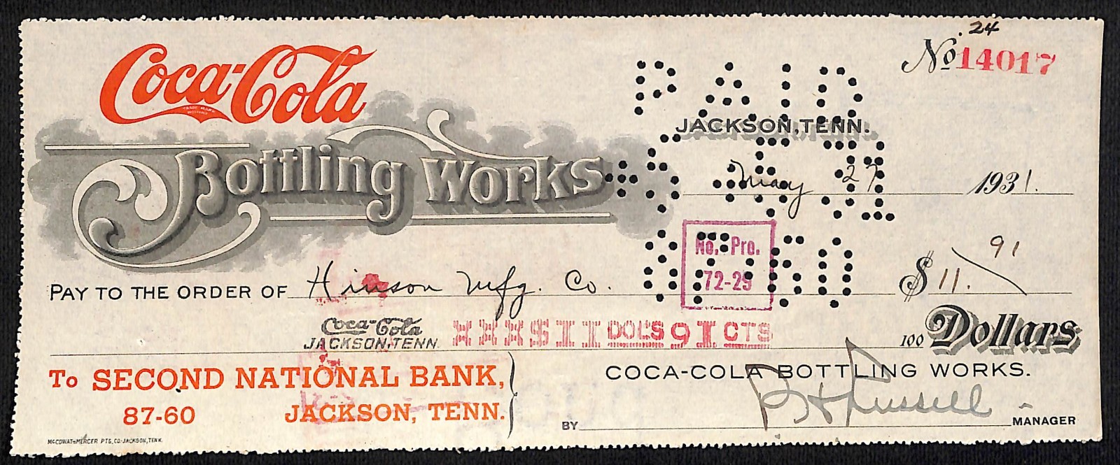 1931 Jackson, TN Coca-Cola Bottling Works Second National Bank Check
