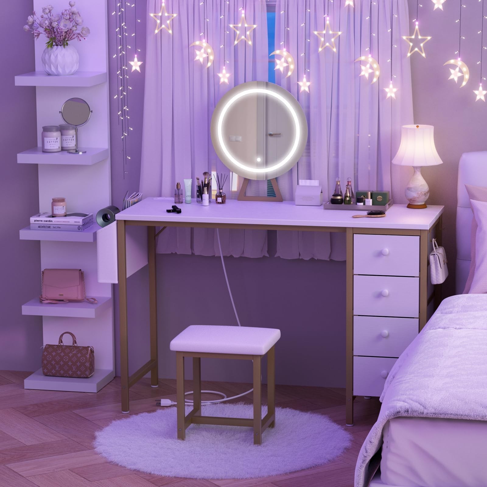 47" Peinadoras Para Cuartos Con Espejo Luces y Silla Tocador De Maquillaje Mujer