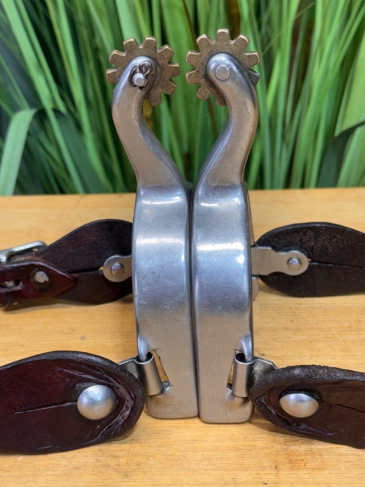 Ladies Stainless Steel Western Spurs w Brown Leather Straps