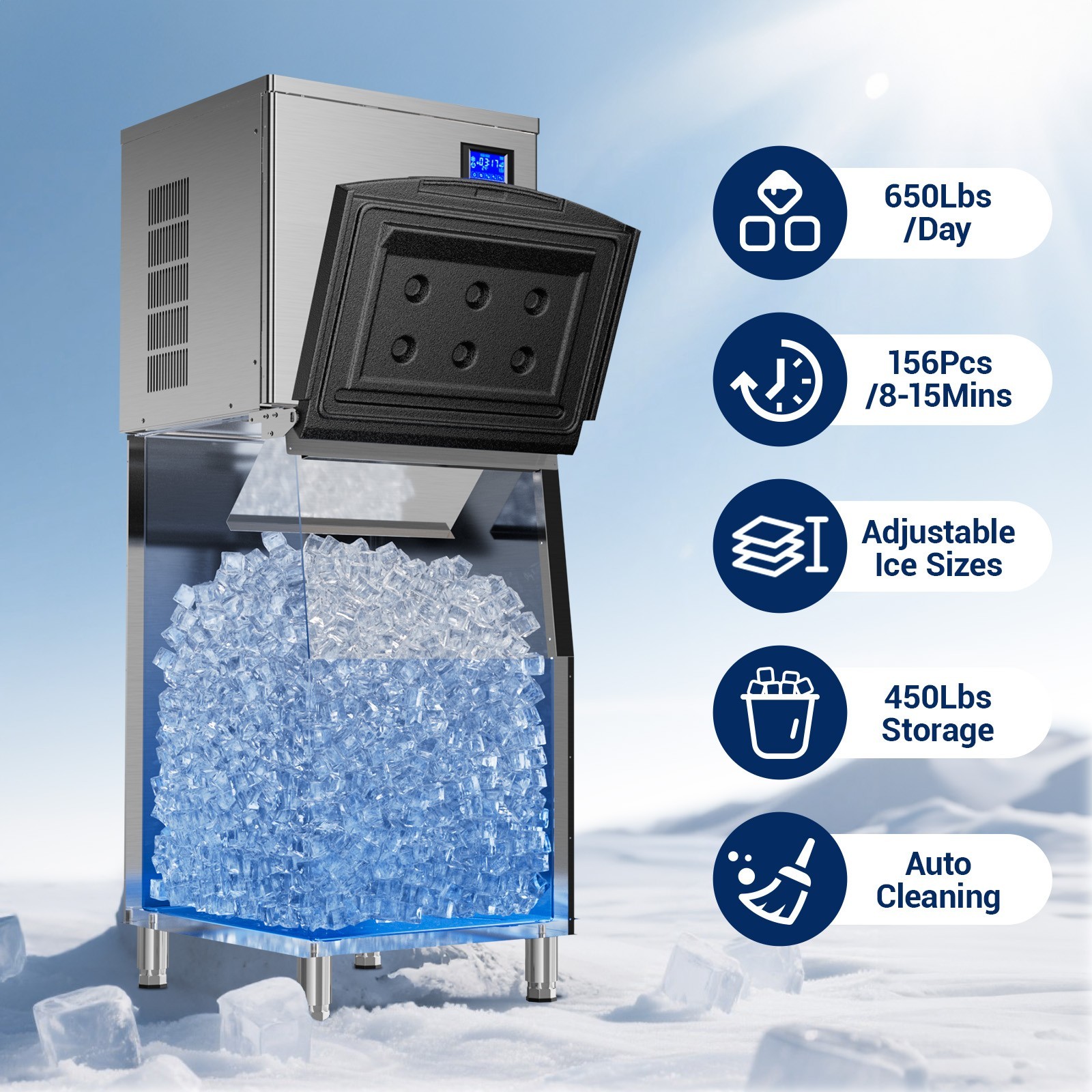 Heavy Duty 650Lbs/24H Commercial Ice Maker Machine 450Lbs Industrial Ice Machine