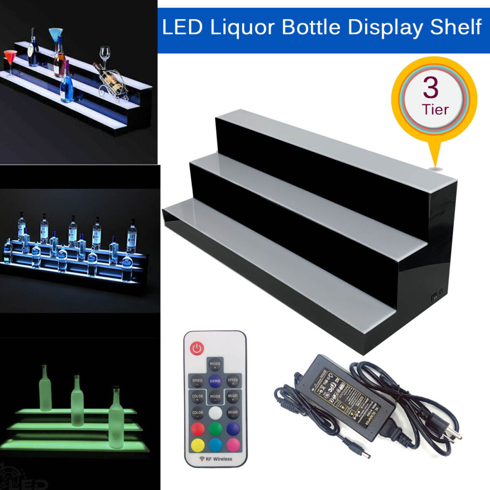 31" 3 Step Tier LED Lighted Shelves Illuminated Liquor Bottle Bar Display Stand