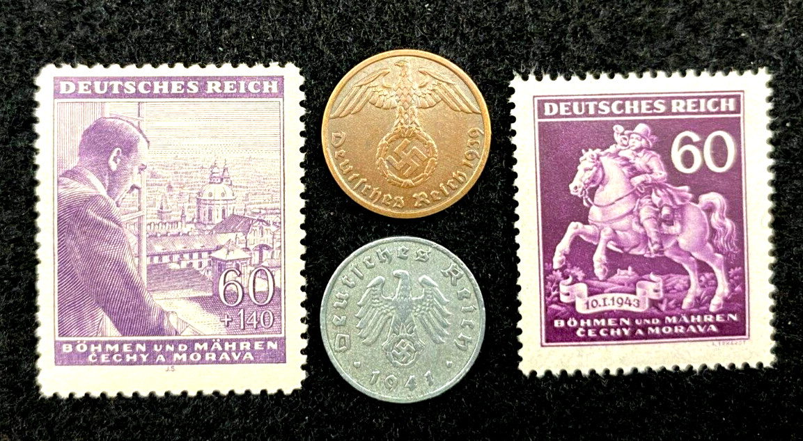 WWII Germany Coins and Stamps Collectible Set - Authentic Historical Artifacts