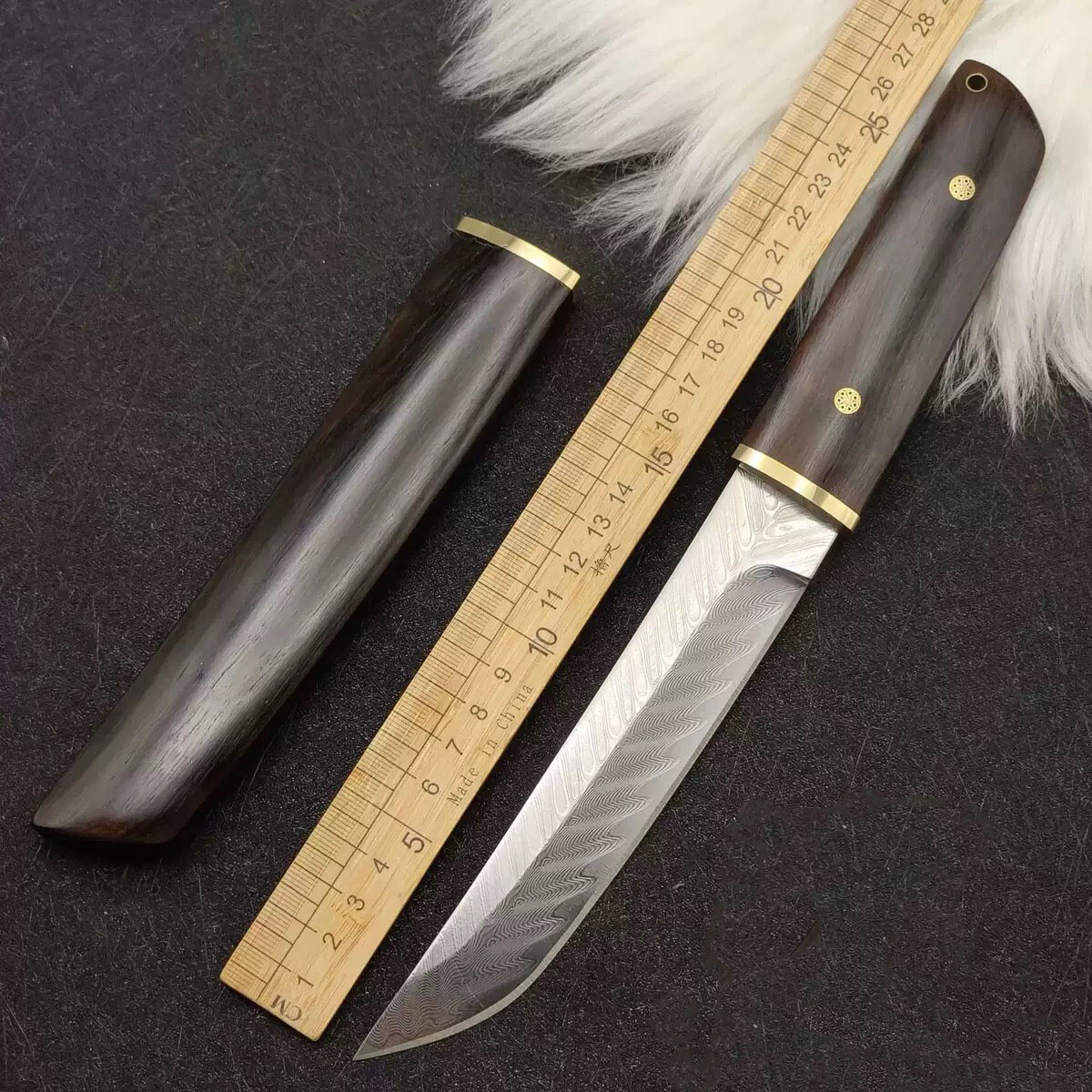 VG10 Damascus Knife Ebony Wood Handle Sheath Full Tang Outdoor Camping EDC Tool