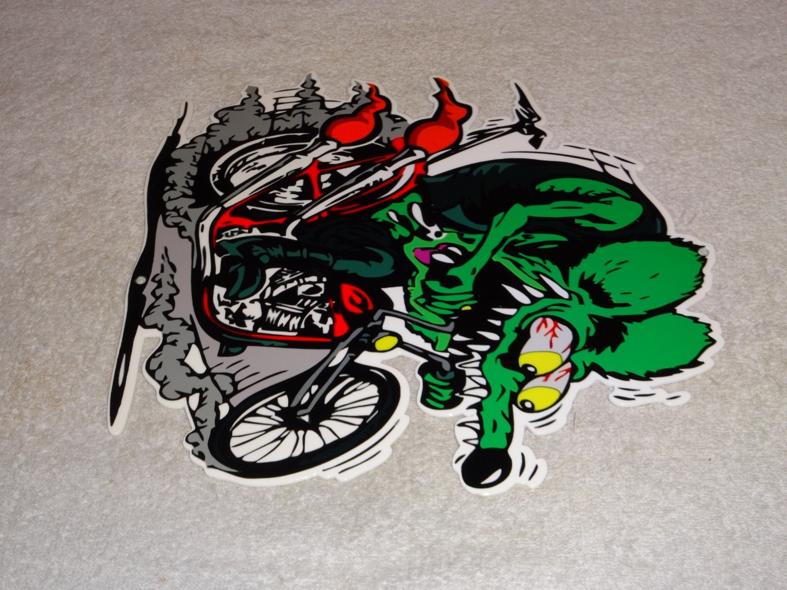 VINTAGE RATFINK RIDES MOTORCYCLE 12" PORCELAIN METAL RAT FINK GASOLINE OIL SIGN