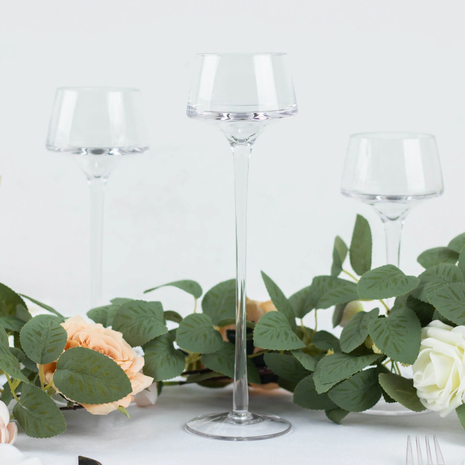 3 CLEAR Long Stem Crystal Glass CANDLE HOLDERS Vases Centerpieces Party Events