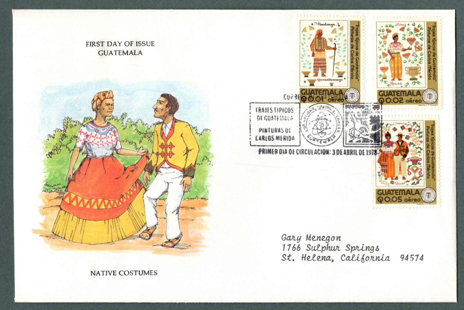 Guatemala 1978 First Day Cover Native Costumes