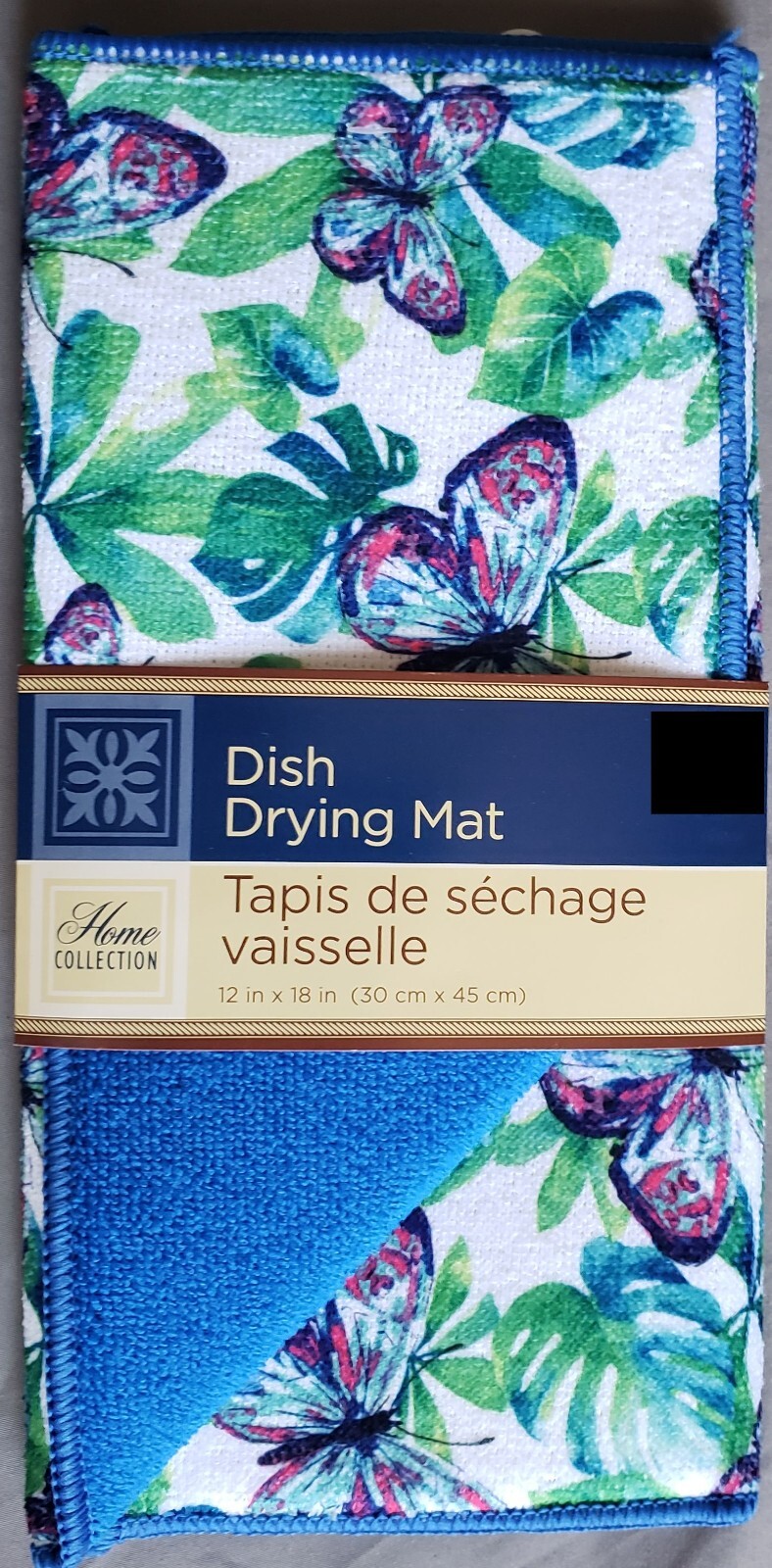 Microfiber Dish Drying Mat (12"x18") BUTTERFLIES & TROPICAL LEAVES, blue back,GR