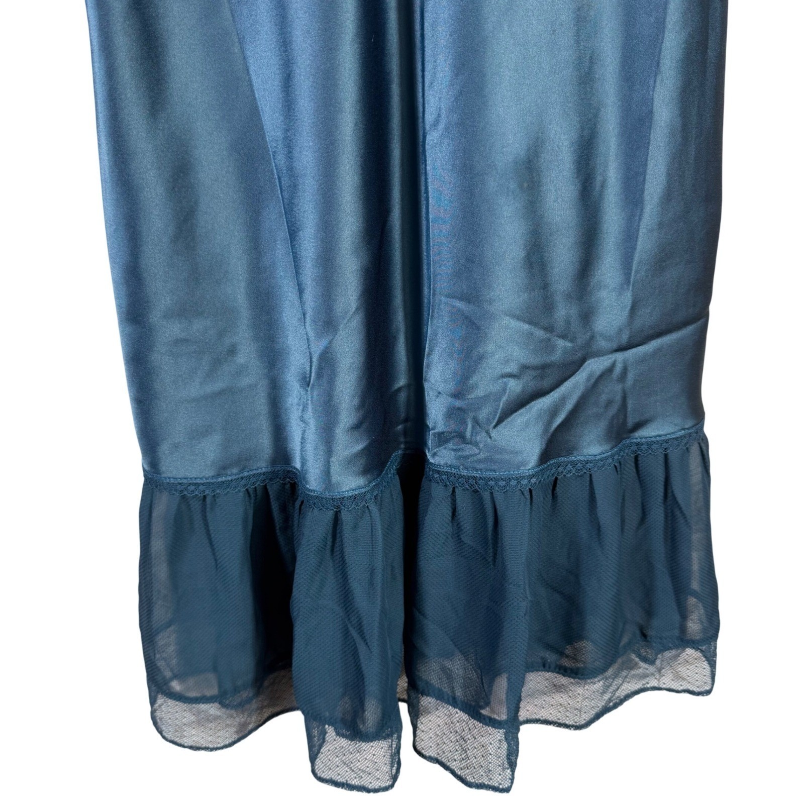 Victoria's Secret Angels Slip Dress Nightie S Teal Satin Lace Trim Ruffle Hem