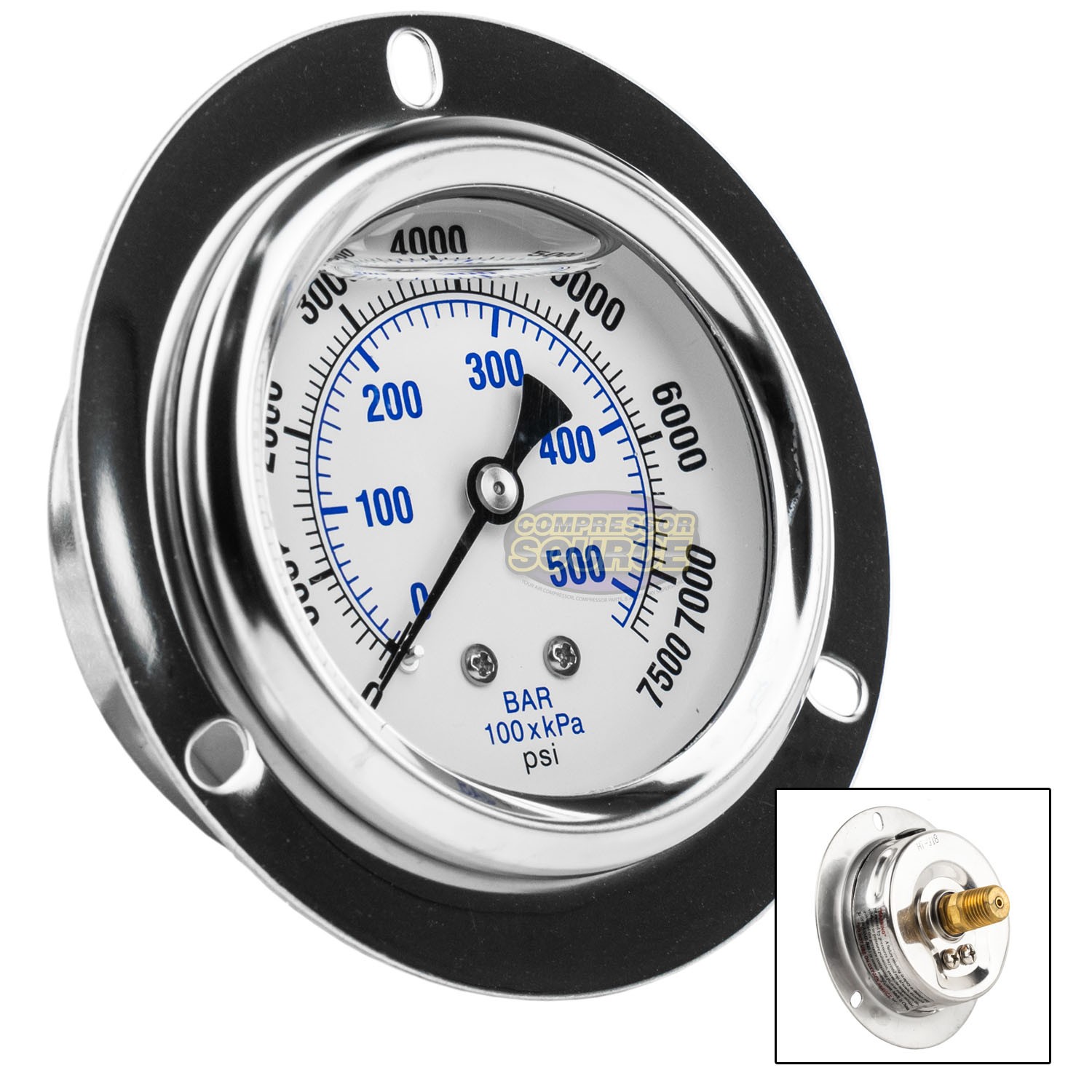 2.5" Liquid Filled Pressure Gauge 0-7500 PSI 1/4" NPT CBM Panel Flush Mount