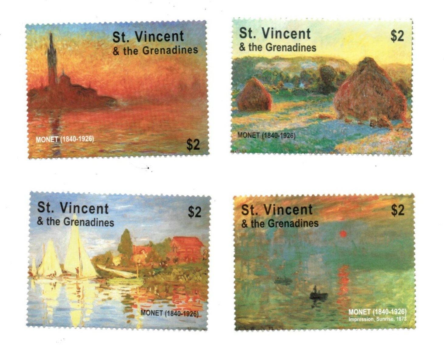St. Vincent 2001 - Claude Monet Paintings Art - Set of 4 Stamps Scott 2940-3 MNH