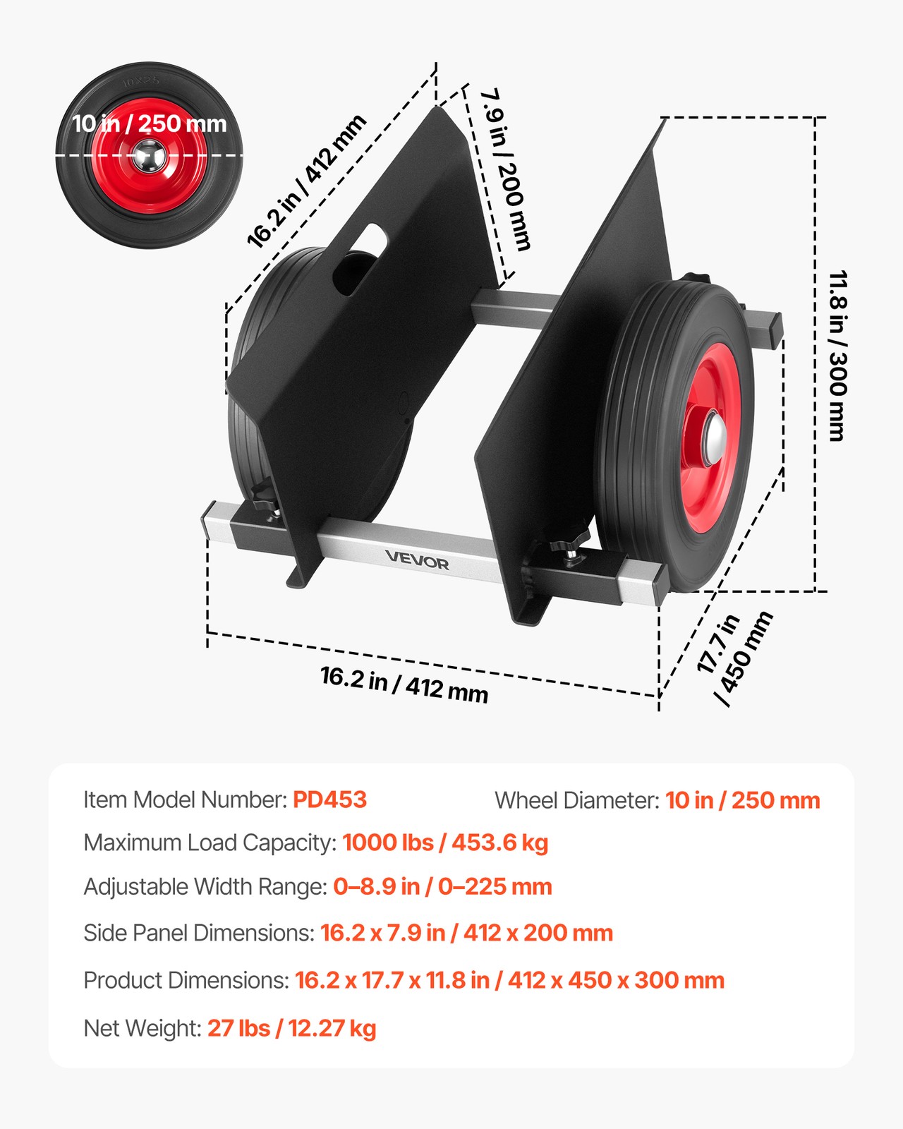 VEVOR Panel Dolly 1000 lbs Load Drywall Mover with 10 in Rubber Wheels