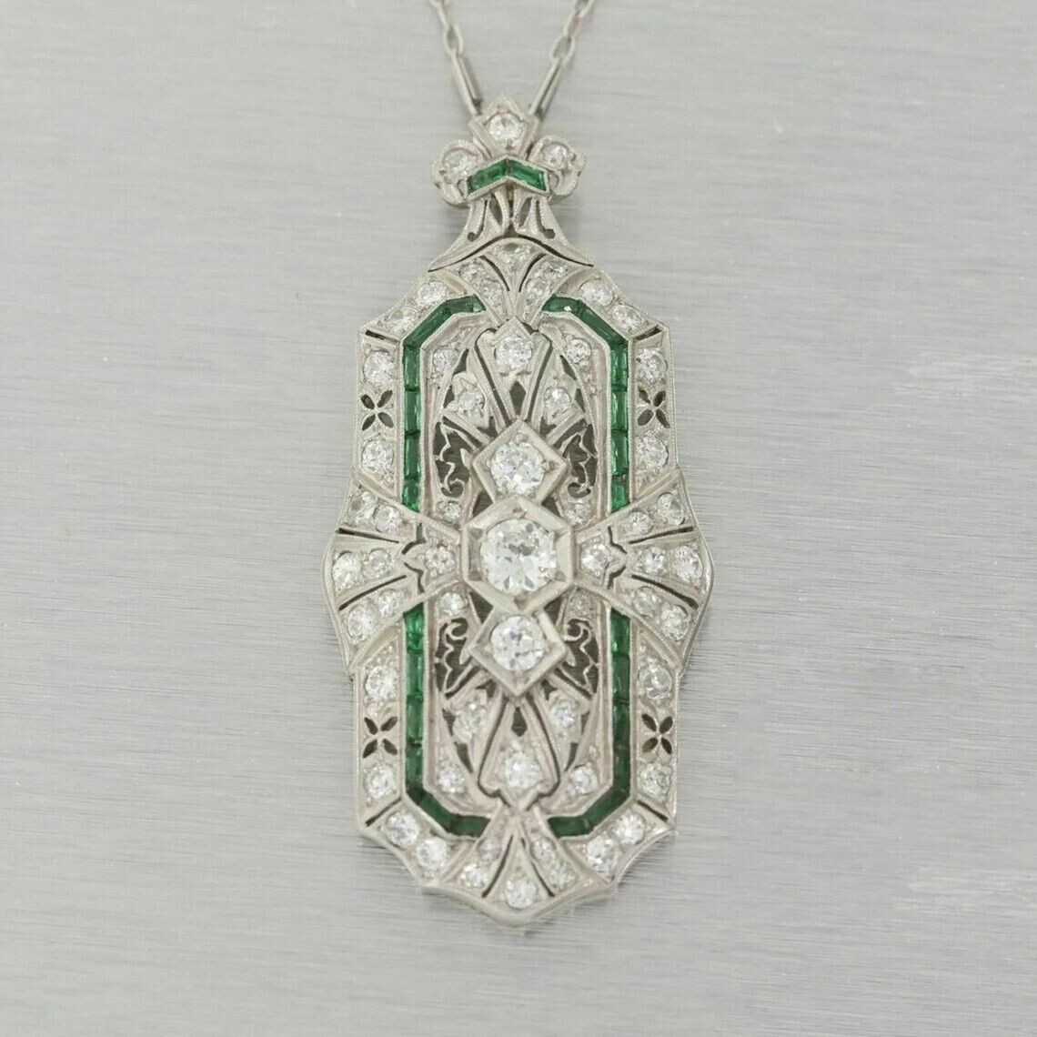 2.95Ct Art Deco Style Diamond & Emerald Enagagement Wedding 925 Silver Pendant