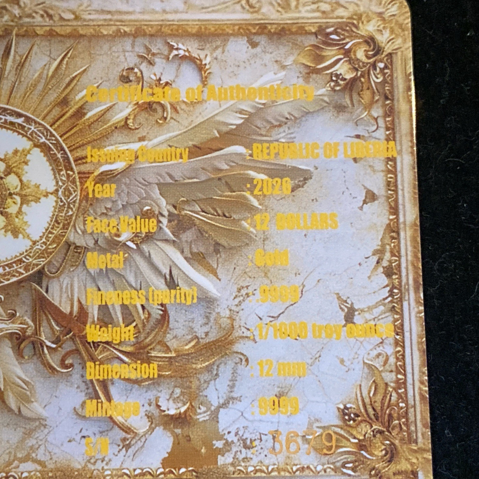 ARCHANGEL MICHAEL 1/1000 Oz Gold Coin $12 Liberia 2026