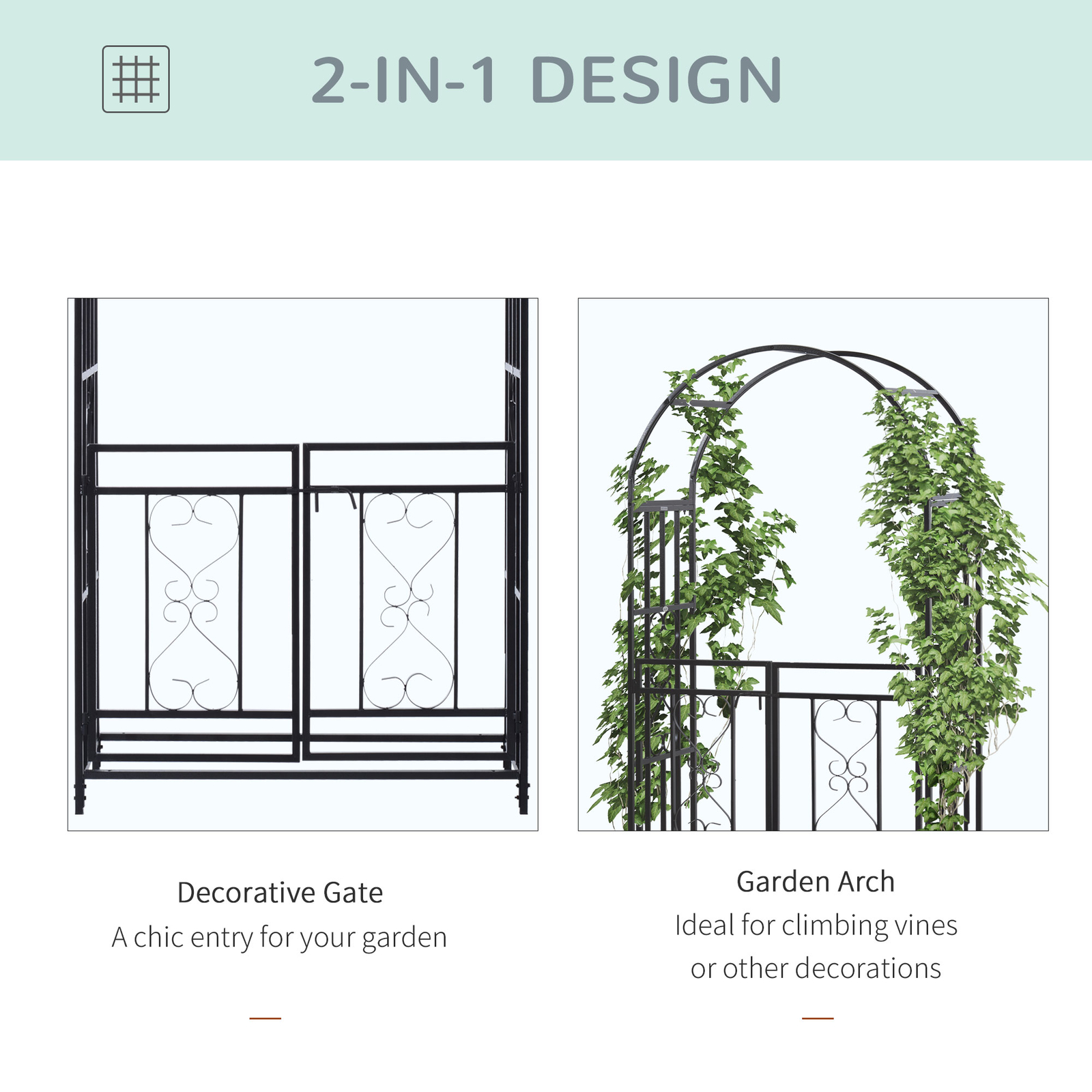 6.75' Outdoor Metal Garden Arbor, Arch, Climbing Plants, Bridal, Wedding, Hearts