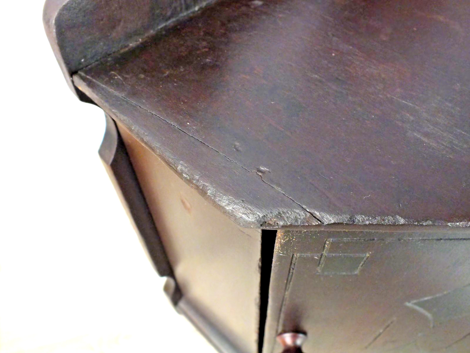 1800s Antique Wall Hung Corner Cabinet Dark Red Brown Finish w Black Highlights