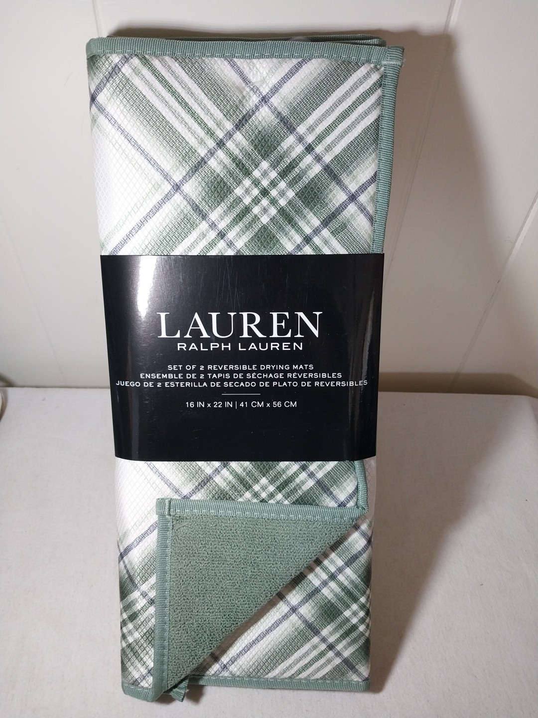 Lauren Ralph Lauren 2 Green White Plaid Reversible Dish Drying Mats 16"x22"