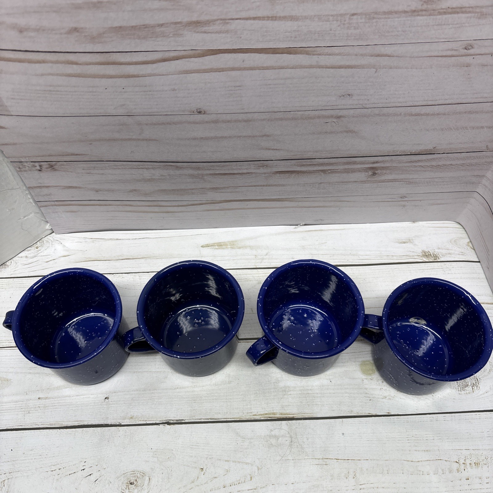 Blue Enamelware tin Set Of 4 Cups Mugs 1 Missing Some Enamel Camping Or Home Use