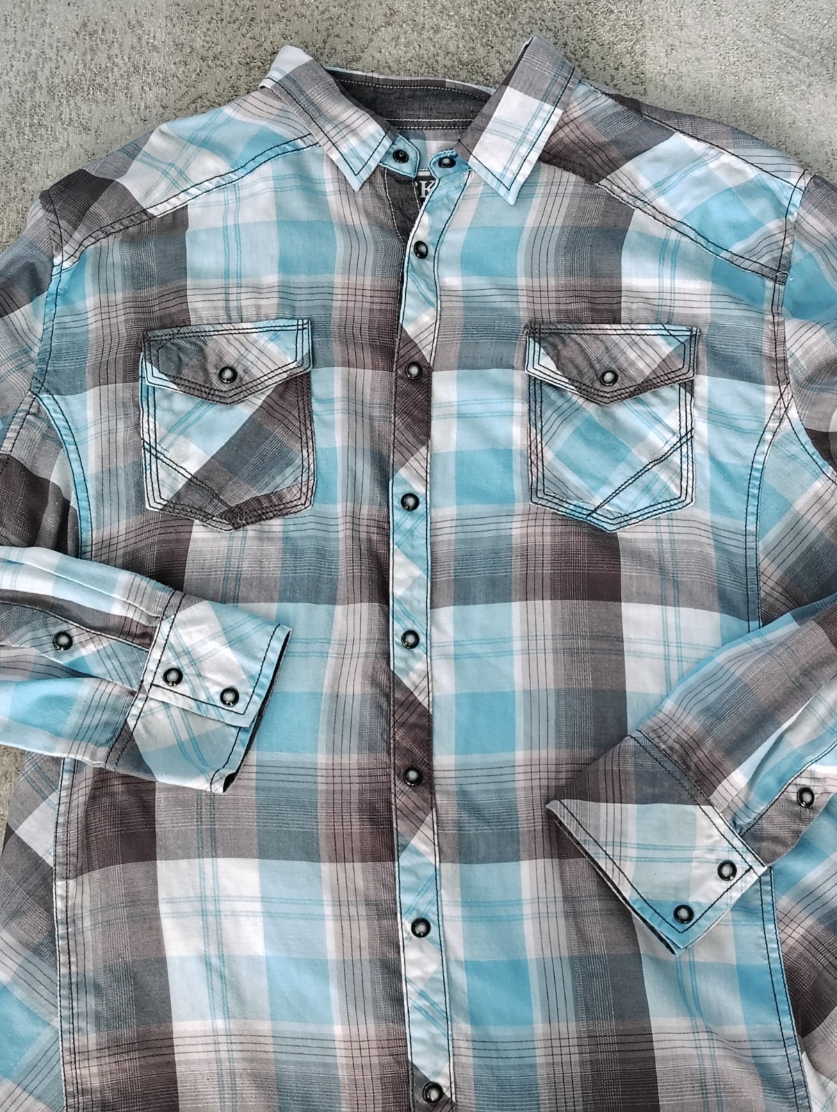 BKE Cowboy Rodeo Pearl Snap Men's Plaid Shirt Blue Gray XL