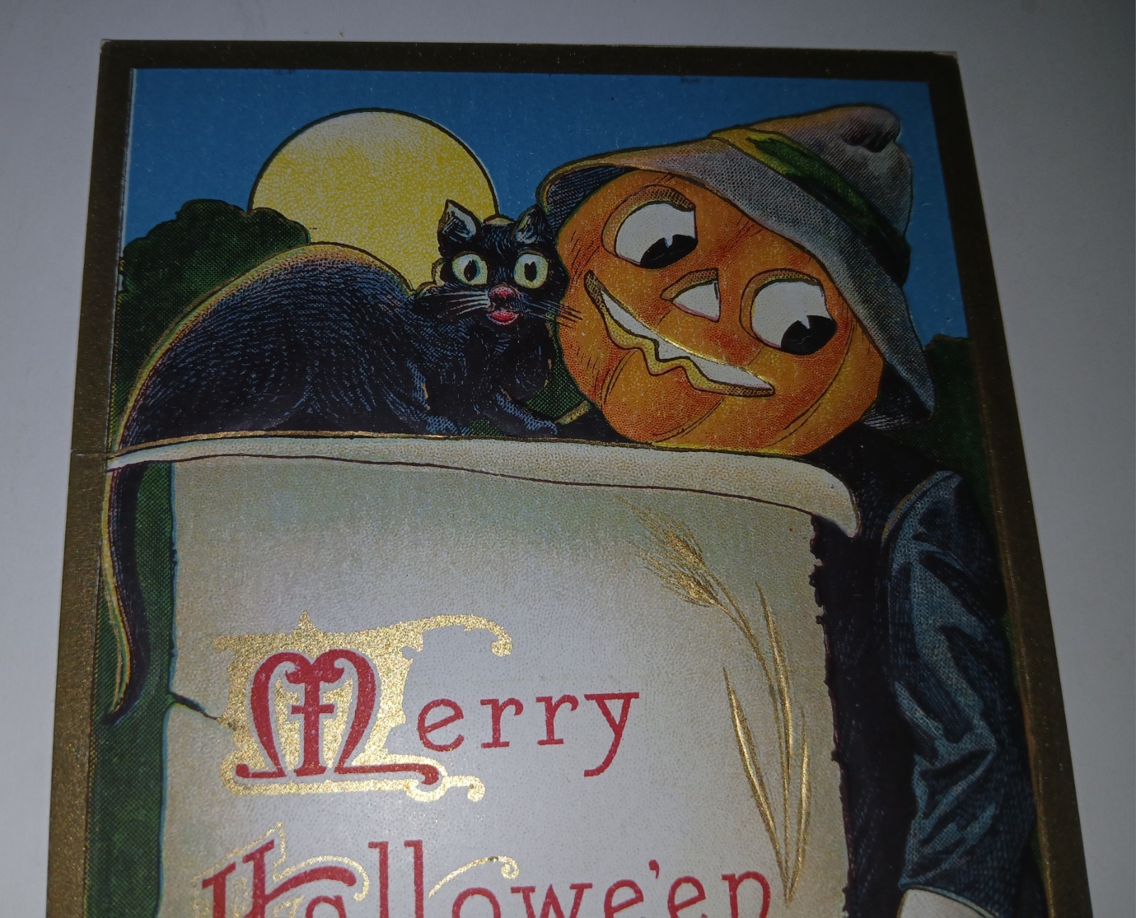 1910 Vintage Original Embossed Halloween Postcard Pumpkin Man & Cat w/Moon