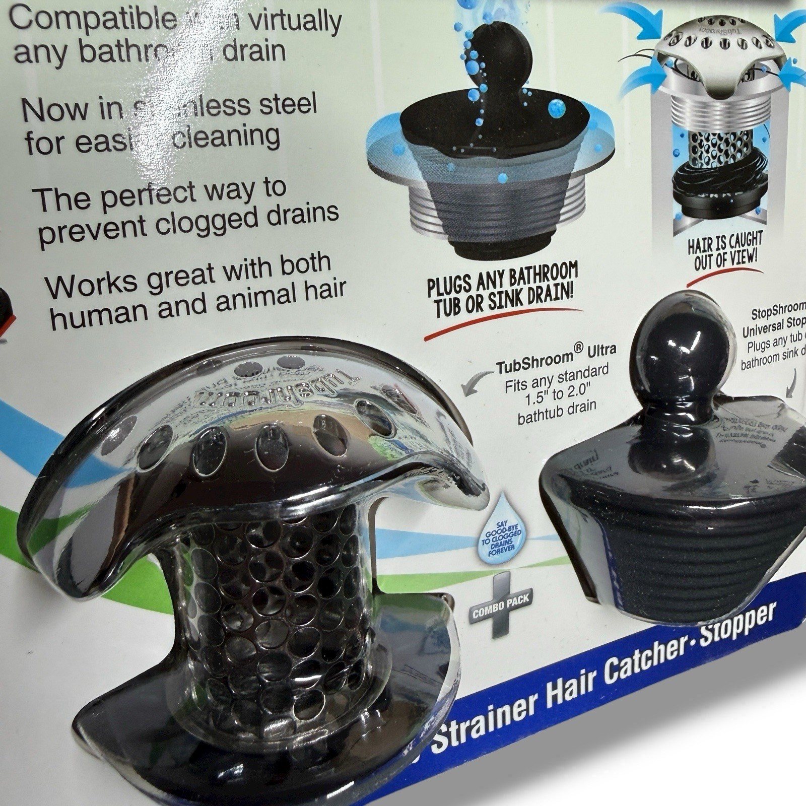 TubShroom Ultra Platinum Bathtub Hair Catcher Drain Strainer Stopper 2 Pack