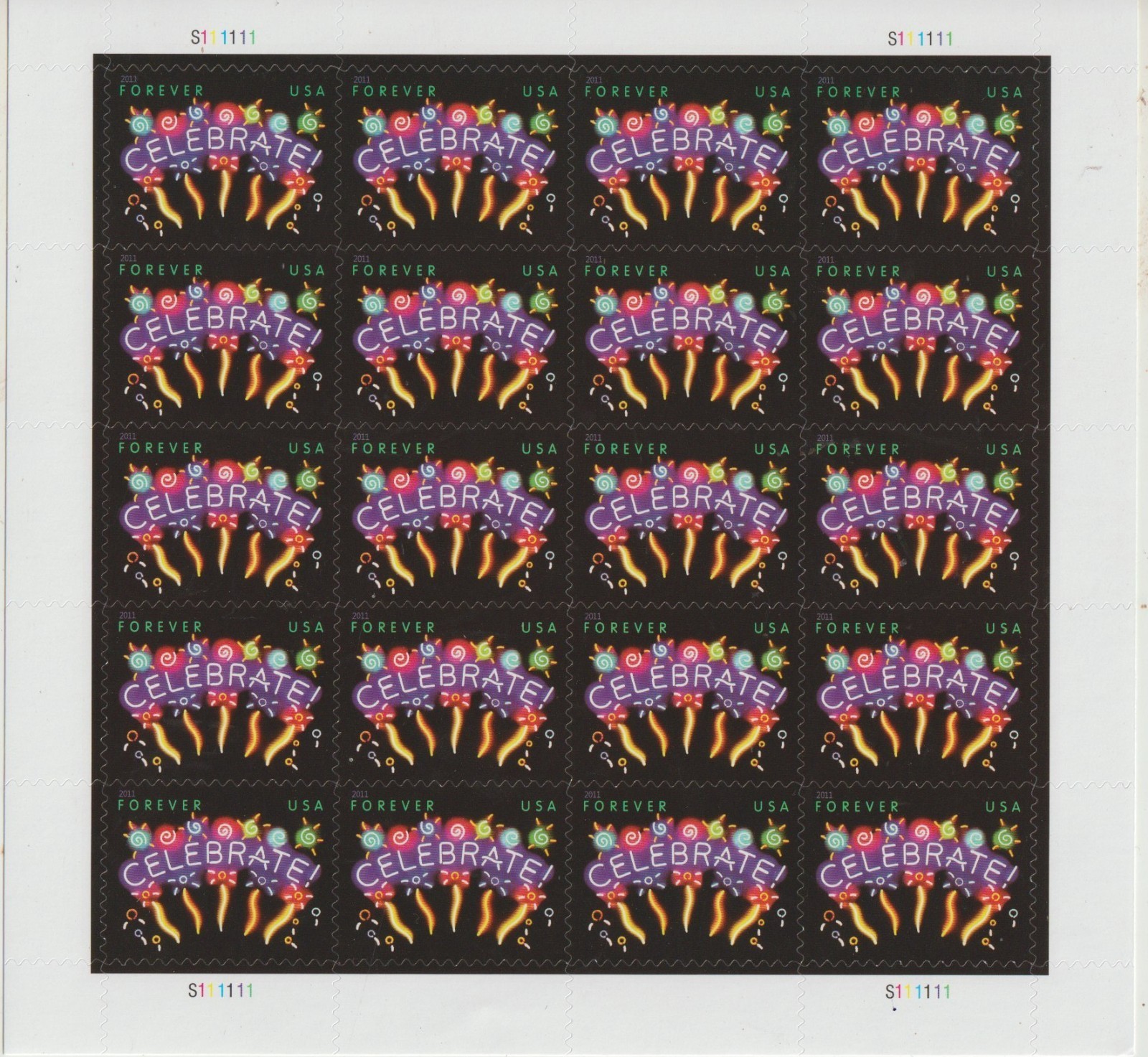 USPS Neon Celebrate! Sheet of 20 one ounce rate Stamps Sent from OKC, OK