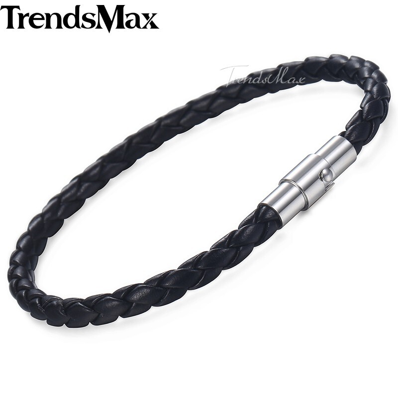 4mm Black Braided Cord Rope Leather Bracelet Unisex Mens Stainless Steel Clasp