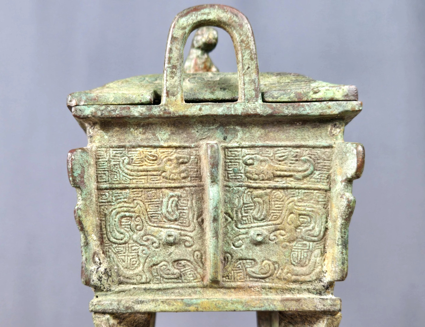 Chinese cast bronze Fang Ding Censer, dog lid, incense burner, signed