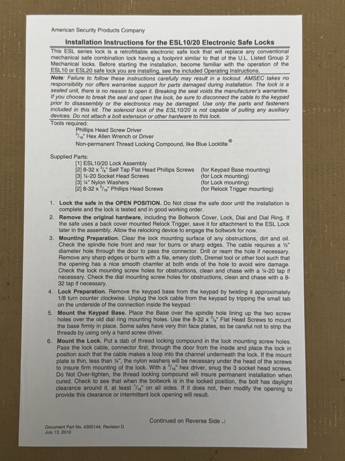 Amsec ESL10 - ESL10XL - American Security - Electronic Safe Lock Kit - Chrome