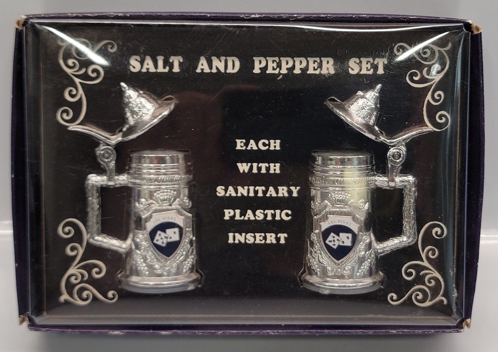 Vintage Las Vegas Dice Metal Beer Stein/ Tankard Salt & Pepper Shaker Set